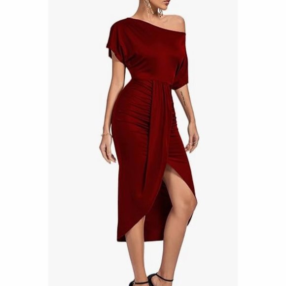 One Off The Shoulder Ruched Wrap Front Split Hem Draped Midi Dress Size Large - Picture 3 of 16